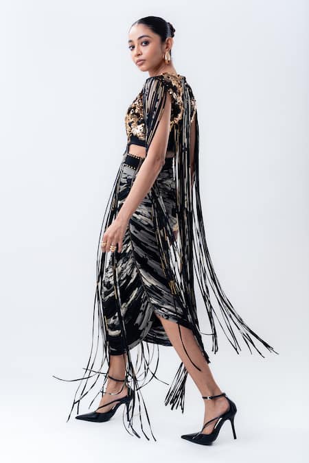 Nupur Kanoi Black Chiffon, Crepe, Lycra Sequins, Fringe Crop Top And Printed Crush Skirt Set Online at Aza Fashions Nupur Kanoi_Black Chiffon, Crepe, Lycra Sequins, Fringe Crop Top And Printed Crush Skirt Set _Online_at_Aza_Fashions