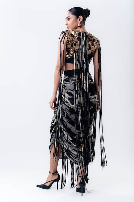 Nupur Kanoi Fringed Sequin Crop Top & Printed Crush Skirt Set 