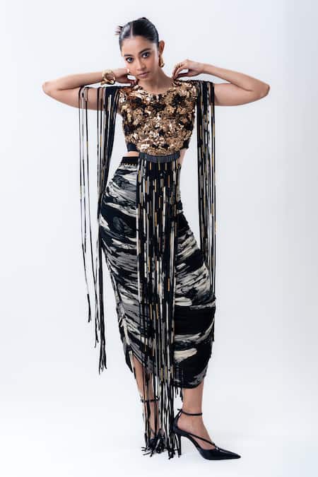 Nupur Kanoi Fringed Sequin Crop Top & Printed Crush Skirt Set 