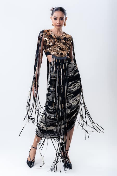 Buy Nupur Kanoi Black Chiffon, Crepe, Lycra Sequins, Fringe Crop Top And Printed Crush Skirt Set Online at Aza Fashions Buy_Nupur Kanoi_Black Chiffon, Crepe, Lycra Sequins, Fringe Crop Top And Printed Crush Skirt Set _Online_at_Aza_Fashions
