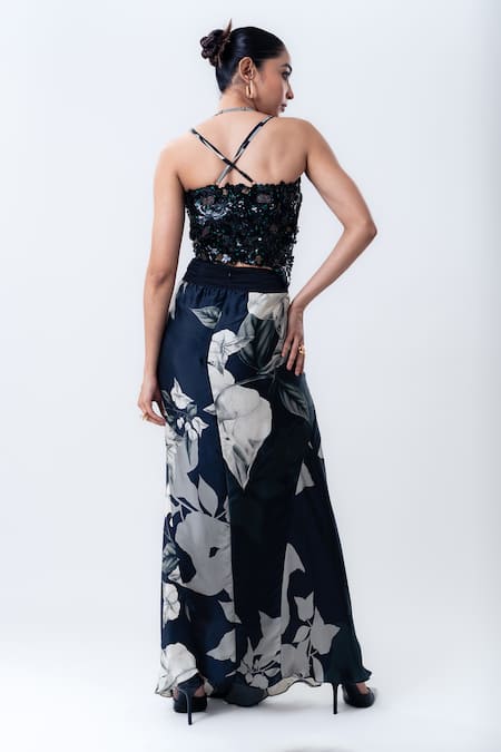 Nupur Kanoi_Black Crepe, Satin Sequins, Beads Printed Slit Cape With And Draped Skirt Set _Online_at_Aza_Fashions