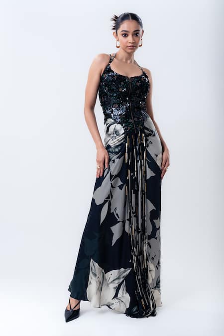 Buy_Nupur Kanoi_Black Crepe, Satin Sequins, Beads Printed Slit Cape With And Draped Skirt Set _Online_at_Aza_Fashions