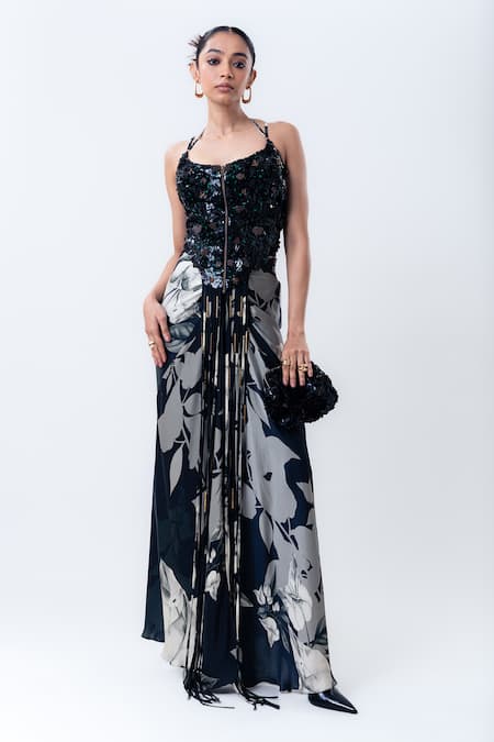 Shop_Nupur Kanoi_Black Crepe, Satin Sequins, Beads Printed Slit Cape With And Draped Skirt Set _Online_at_Aza_Fashions