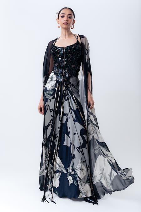 Nupur Kanoi Printed Slit Cape With & Draped Skirt Set 