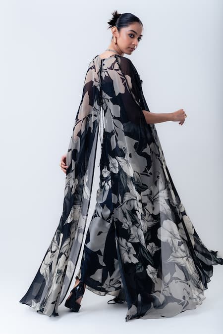 Nupur Kanoi Printed Slit Cape With & Draped Skirt Set 
