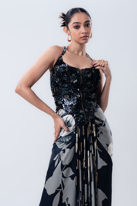Nupur Kanoi_Black Crepe, Satin Sequins, Beads Printed Slit Cape With And Draped Skirt Set _at_Aza_Fashions