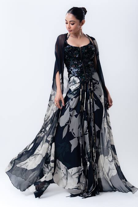 Buy_Nupur Kanoi_Black Crepe, Satin Sequins, Beads Printed Slit Cape With And Draped Skirt Set 