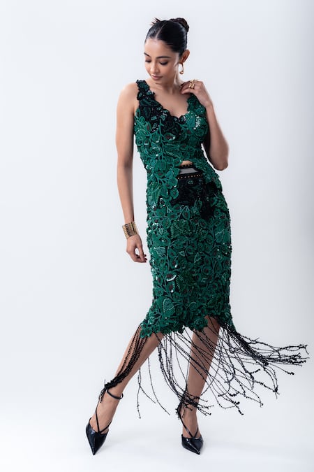 Shop Nupur Kanoi Green Crepe, Lycra Sequins, Embroidery, Fringe Bougain Top And Pencil Skirt Set at Aza Fashions Shop_Nupur Kanoi_Green Crepe, Lycra Sequins, Embroidery, Fringe Bougain Top And Pencil Skirt Set _at_Aza_Fashions
