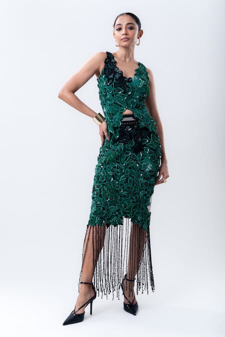 Nupur Kanoi Green Crepe, Lycra Sequins, Embroidery, Fringe Bougain Top And Pencil Skirt Set 