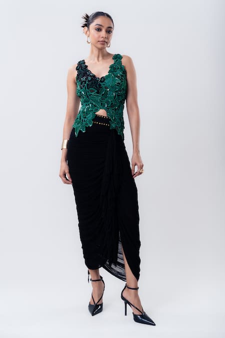Buy Nupur Kanoi Black Chiffon, Crepe, Lycra Sequins, Gathered Jacket And Frill Skirt Set Online at Aza Fashions Buy_Nupur Kanoi_Black Chiffon, Crepe, Lycra Sequins, Gathered Jacket And Frill Skirt Set _Online_at_Aza_Fashions