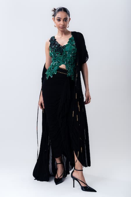 Nupur Kanoi Black Chiffon, Crepe, Lycra Sequins, Gathered Jacket And Frill Skirt Set 