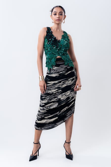 Nupur Kanoi Bougain Embroidered Top & Printed Gather Skirt Set 