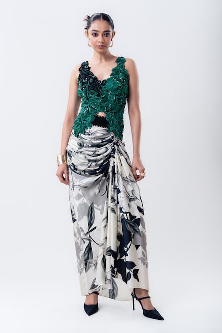 Nupur Kanoi_Off White Organza, Crepe, Lycra, Satin Printed Jacket With Drawstring Skirt _Online_at_Aza_Fashions