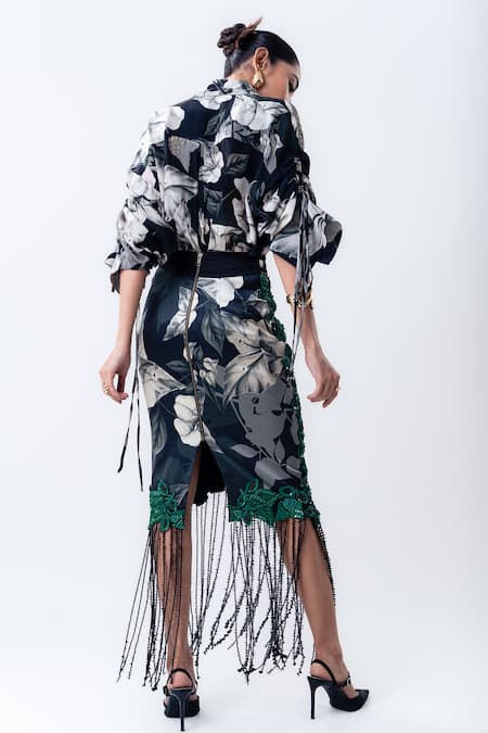 Nupur Kanoi Printed Studded Shirt With Bougain Embroidered Pencil Skirt 