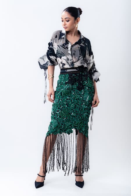 Nupur Kanoi Printed Studded Shirt With Bougain Embroidered Pencil Skirt 