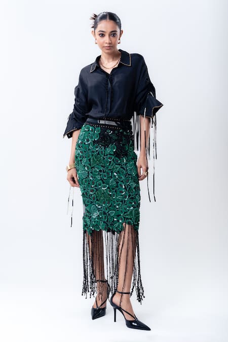Nupur Kanoi Fringed Back Shirt With Bougain Embroidered Pencil Skirt 