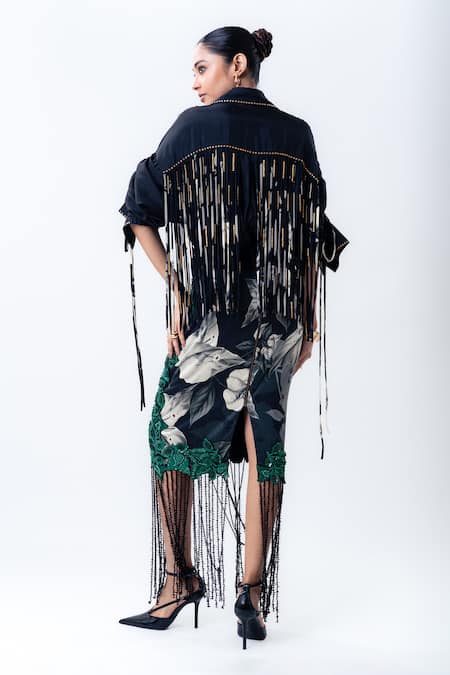 Nupur Kanoi Fringed Back Shirt With Bougain Embroidered Pencil Skirt 