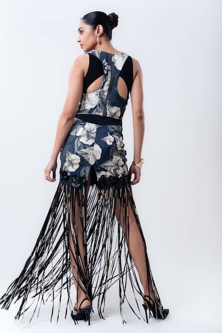 Nupur Kanoi Bougain Embroidered Top & Sequin Fringed Mini Skirt 