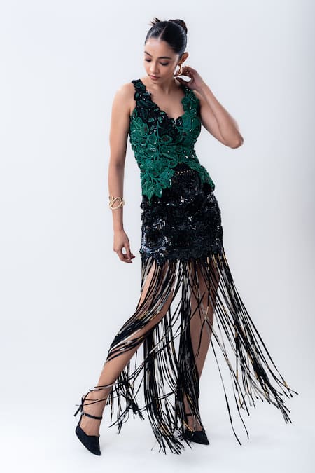 Nupur Kanoi Bougain Embroidered Top & Sequin Fringed Mini Skirt 