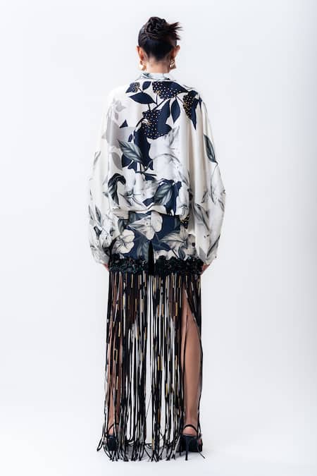 Nupur Kanoi Printed Studded Balloon Top With Fringed Mini Skirt 