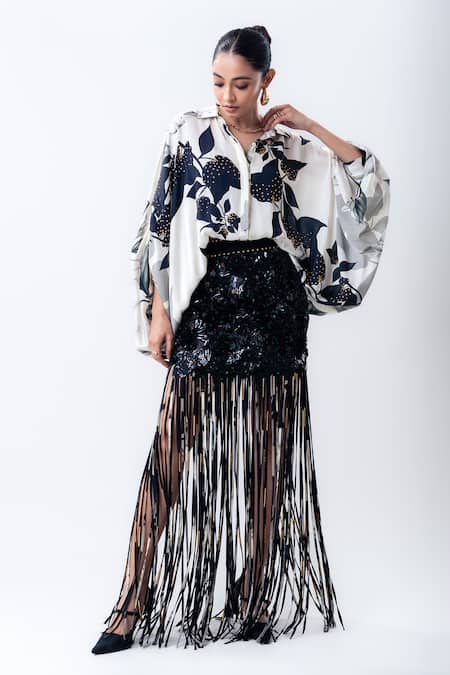 Nupur Kanoi Printed Studded Balloon Top With Fringed Mini Skirt 