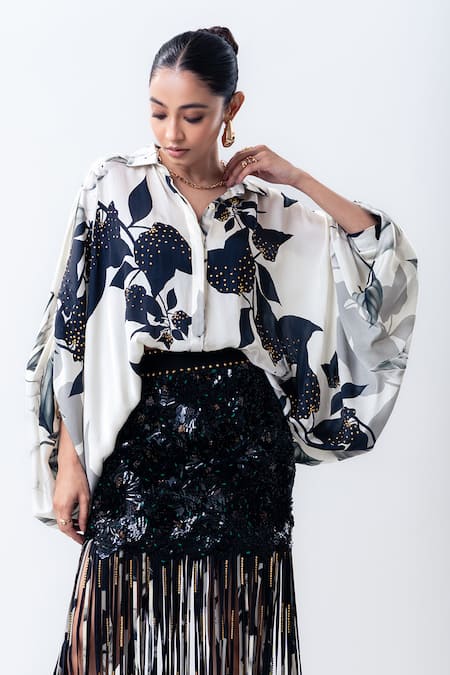 Nupur Kanoi_Off White Satin, Crepe, Lycra Printed Studded Balloon Top With Mini Skirt _Online_at_Aza_Fashions