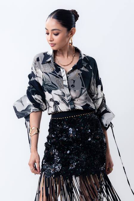 Nupur Kanoi White Crepe, Lycra Studs, Sequins, Printed Studded Shirt With Mini Skirt Online at Aza Fashions Nupur Kanoi_White Crepe, Lycra Studs, Sequins, Printed Studded Shirt With Mini Skirt _Online_at_Aza_Fashions