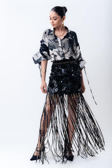 Nupur Kanoi Printed Studded Shirt With Sequin Fringed Mini Skirt 