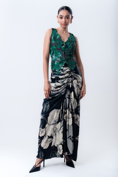 Nupur Kanoi Green Satin, Crepe, Lycra Sequins, Waistcoat With Printed Drawstring Skirt 