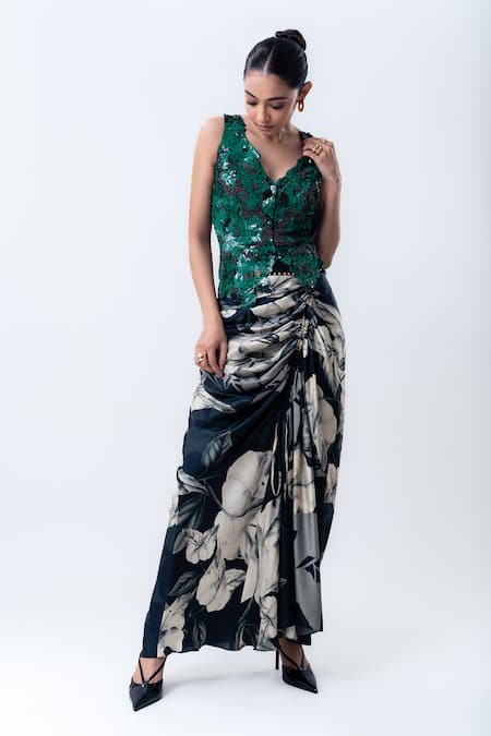 Shop Nupur Kanoi Green Satin, Crepe, Lycra Sequins, Waistcoat With Printed Drawstring Skirt at Aza Fashions Shop_Nupur Kanoi_Green Satin, Crepe, Lycra Sequins, Waistcoat With Printed Drawstring Skirt _at_Aza_Fashions