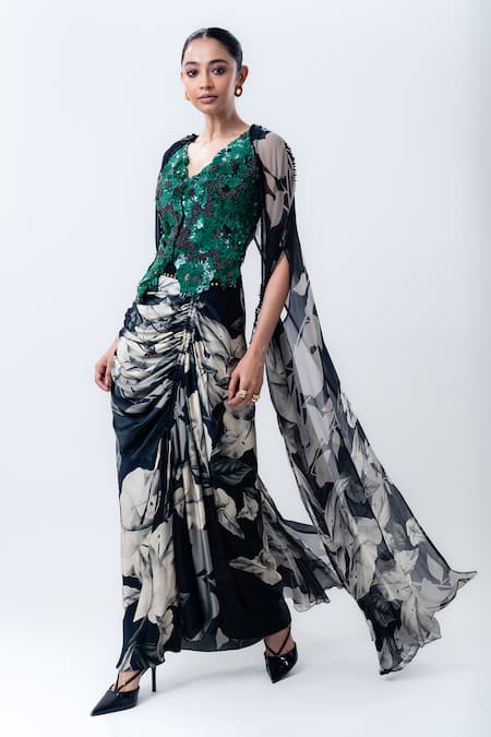 Nupur Kanoi_Black Crepe, Lycra, Satin Sequins Printed Slit Cape With Drawstring Skirt Set _Online_at_Aza_Fashions
