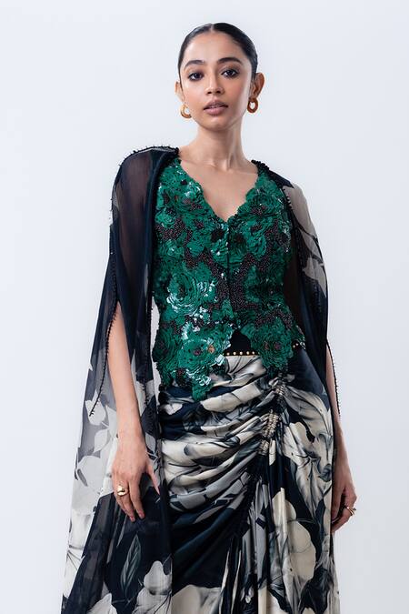Buy_Nupur Kanoi_Black Crepe, Lycra, Satin Sequins Printed Slit Cape With Drawstring Skirt Set _Online_at_Aza_Fashions