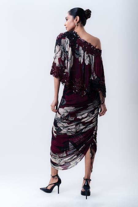 Nupur Kanoi Printed Bougain Off Shoulder Top With Frill Skirt 