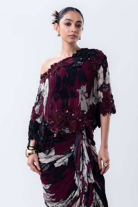 Nupur Kanoi Burgundy Chiffon, Crepe Sequins, Printed Bougain Off Top With Frill Skirt Online at Aza Fashions Nupur Kanoi_Burgundy Chiffon, Crepe Sequins, Printed Bougain Off Top With Frill Skirt _Online_at_Aza_Fashions