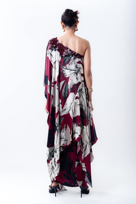 Nupur Kanoi Printed One Shoulder Cape With Side Knot Skirt 