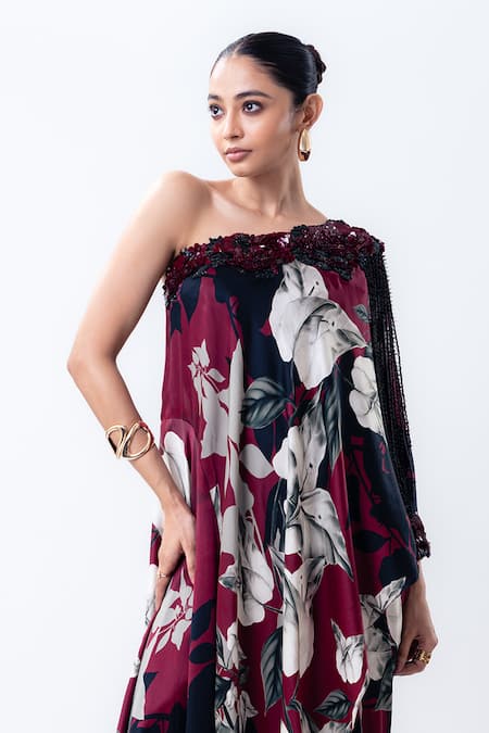 Nupur Kanoi_Burgundy Satin, Lycra One Shoulder Printed Cape With Side Knot Skirt _Online_at_Aza_Fashions