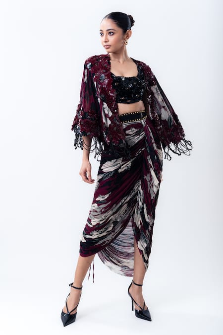 Nupur Kanoi Printed Short Cape With Gathered Skirt Set 