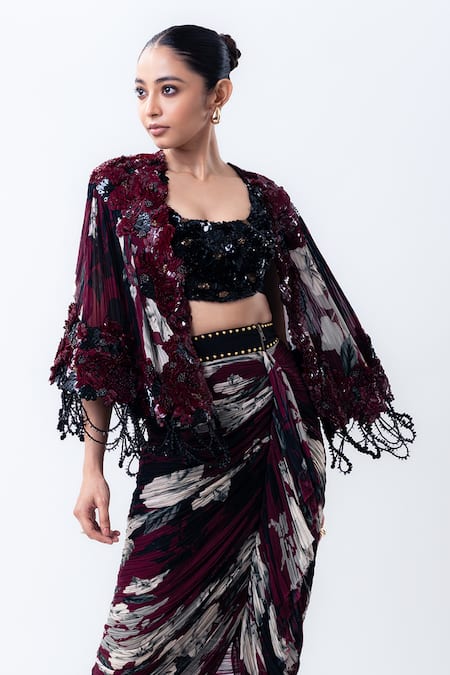 Nupur Kanoi_Burgundy Lycra Sequins Open Neck, Printed Short Cape With Gathered Skirt Set _Online_at_Aza_Fashions