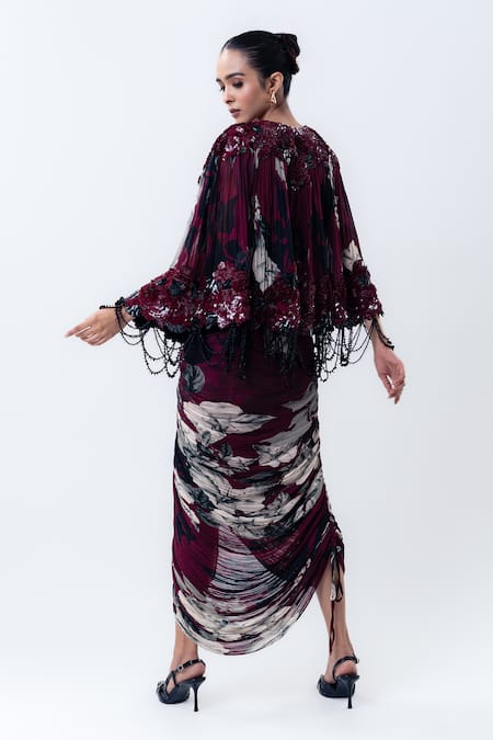 Nupur Kanoi Printed Short Cape With Gathered Skirt Set 