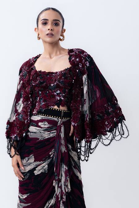 Nupur Kanoi_Burgundy Crepe, Lycra, Chiffon Open Printed Short Cape With Gathered Skirt Set _Online_at_Aza_Fashions