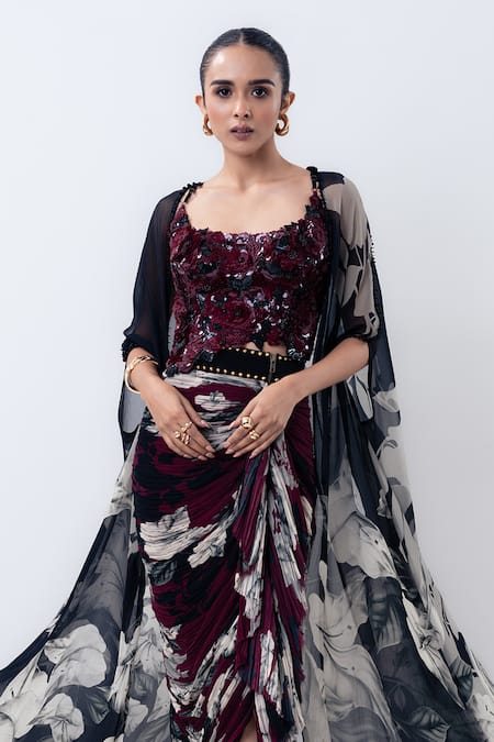 Nupur Kanoi Black Crepe, Lycra Sequins, Printed Slit Cape With Gathered Frill Skirt Set Online at Aza Fashions Nupur Kanoi_Black Crepe, Lycra Sequins, Printed Slit Cape With Gathered Frill Skirt Set _Online_at_Aza_Fashions