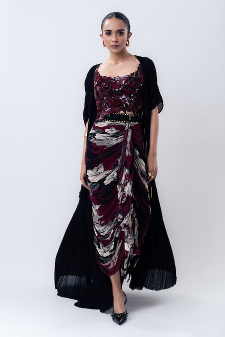Nupur Kanoi Gathered Jacket With Printed Draped Skirt Set 