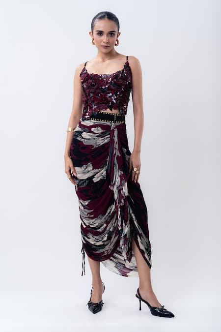 Nupur Kanoi_Black Lycra, Crepe Sequins Open Gathered Jacket With Printed Draped Skirt Set _Online_at_Aza_Fashions