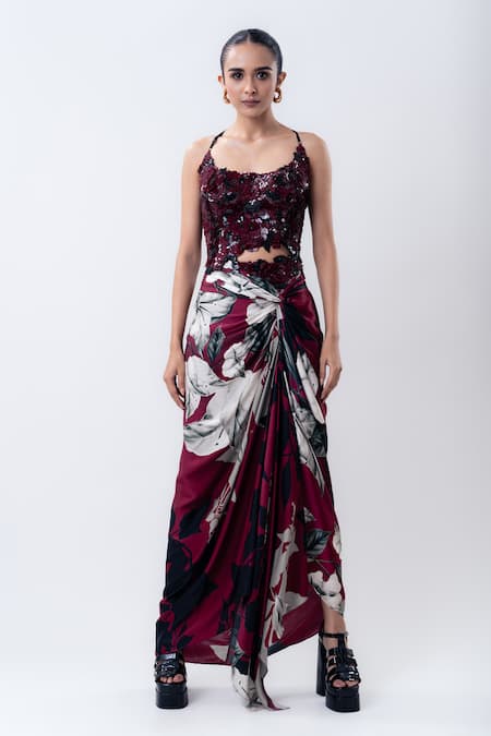 Nupur Kanoi_Off White Organza, Satin, Lycra, Crepe Printed Jacket With Side Knot Skirt Set _Online_at_Aza_Fashions