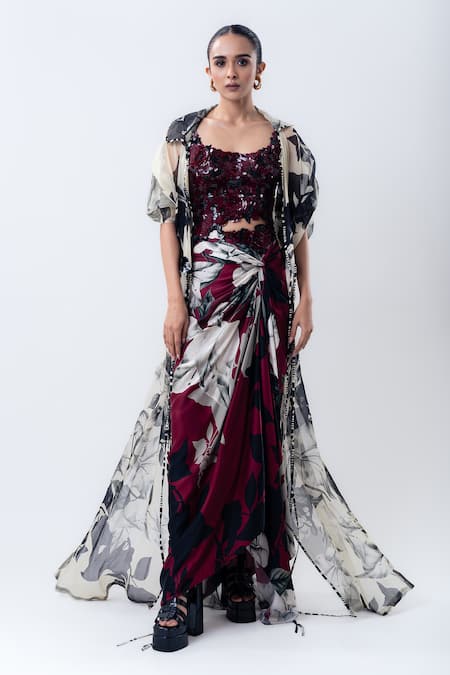 Nupur Kanoi Printed Organza Jacket With Side Knot Skirt Set 