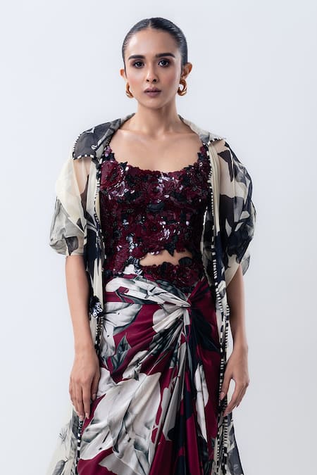 Buy_Nupur Kanoi_Off White Organza, Satin, Lycra, Crepe Printed Jacket With Side Knot Skirt Set _Online_at_Aza_Fashions