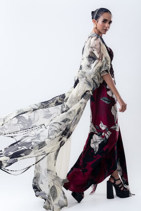 Nupur Kanoi Printed Organza Jacket With Side Knot Skirt Set 