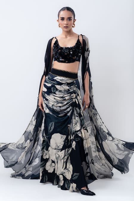 Nupur Kanoi_Black Satin, Crepe, Lycra Sequins Printed Slit Cape With Drawstring Skirt Set _Online_at_Aza_Fashions