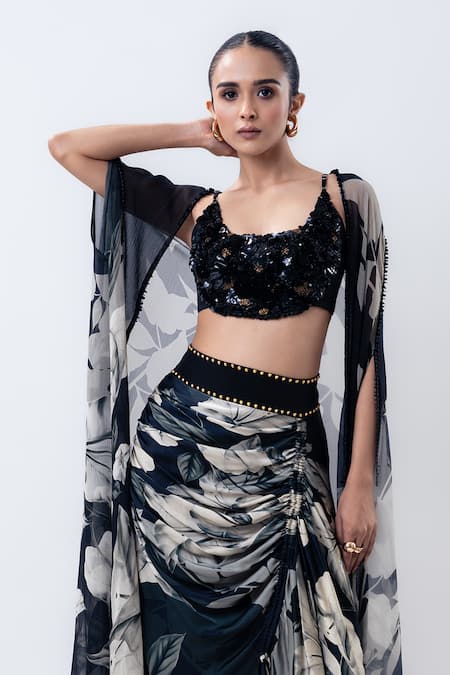 Buy_Nupur Kanoi_Black Satin, Crepe, Lycra Sequins Printed Slit Cape With Drawstring Skirt Set _Online_at_Aza_Fashions