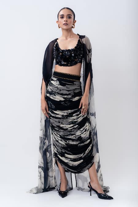Nupur Kanoi Printed Slit Cape With Crushed Skirt Set 